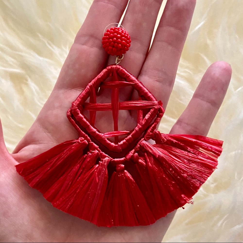 New! Anthro Red Raffia 2019 Statement Earrings - Picture 3 of 4